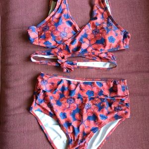 High Waisted Tropical Floral Bikini Set w Ruffles